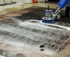 Professional rug cleaning with a rotary floor machine and shampoo foam, deep-cleaning an area rug, in Austin, TX.